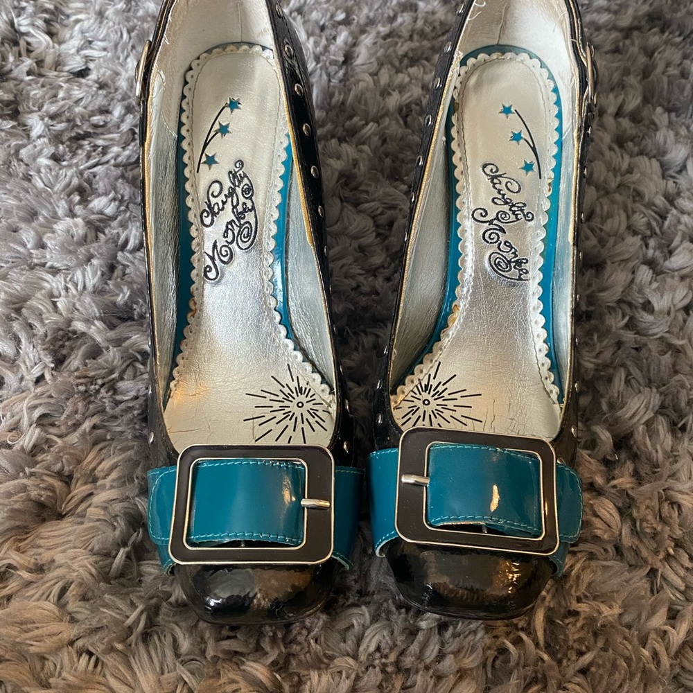 Naughty Monkey Cheetah & Turquoise buckle studded pumps size 9